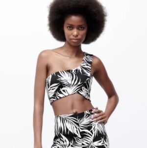 Zara One Shoulder Palm Print Jacquard Cross Over Crop Top Size Small